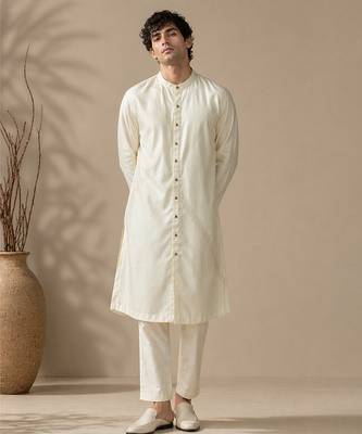 Beige white bemberg silk kurta set 1