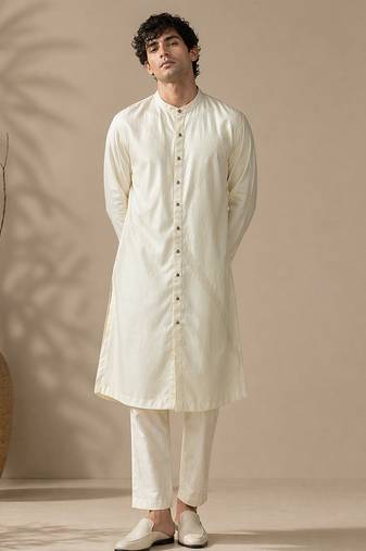 Beige white bemberg silk kurta set