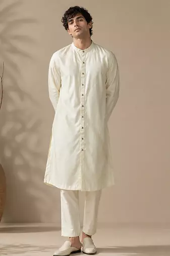 Beige white bemberg silk kurta set