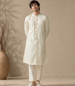 Beige white bemberg silk kurta set