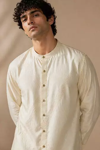 Beige white bemberg silk kurta set