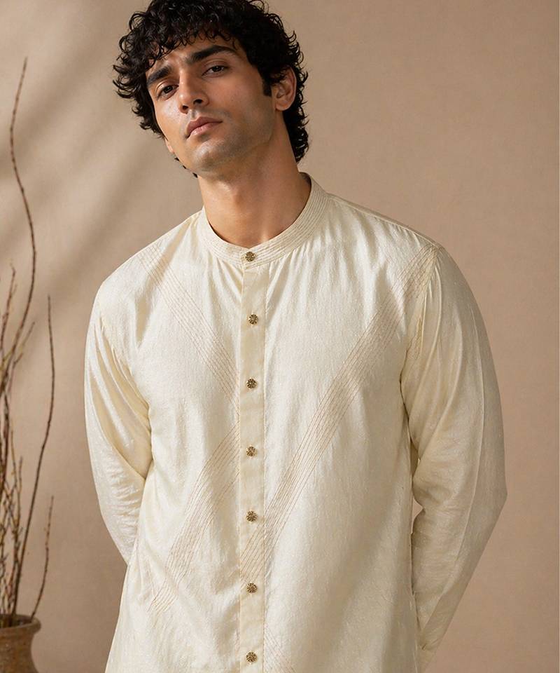 Beige white bemberg silk kurta set