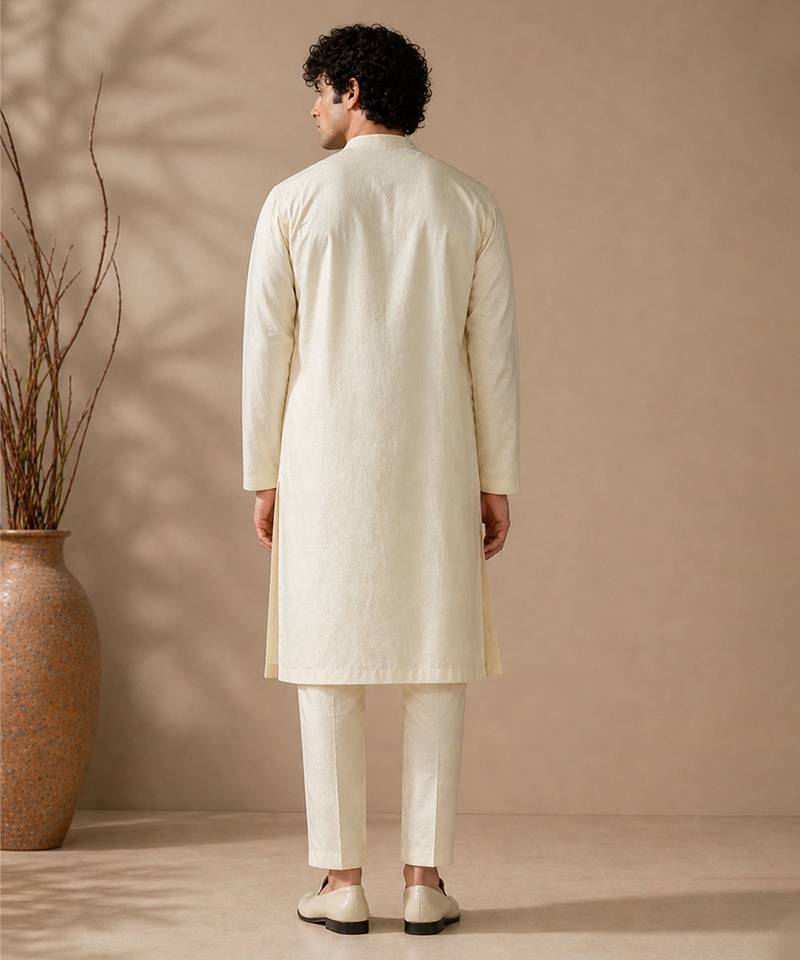 Beige white bemberg silk kurta set