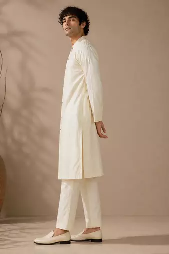 Beige white bemberg silk kurta set