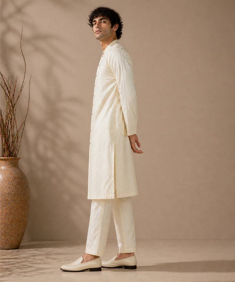 Beige white bemberg silk kurta set