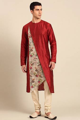 Crimson red printed chanderi silk kurta set