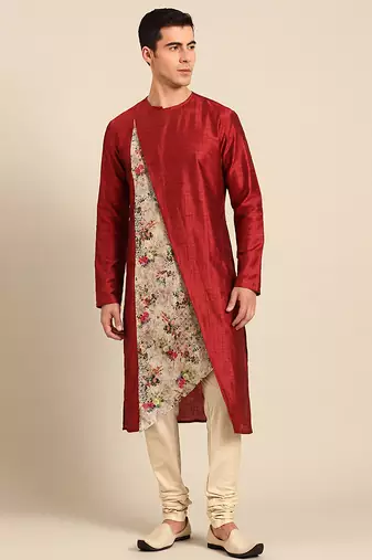 Crimson red printed chanderi silk kurta set