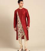 Crimson red printed chanderi silk kurta set