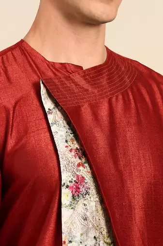 Crimson red printed chanderi silk kurta set