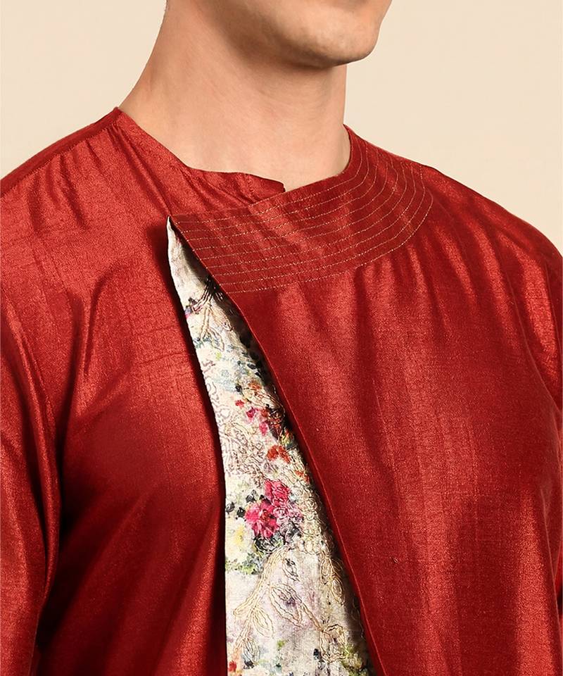 Crimson red printed chanderi silk kurta set