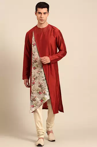 Crimson red printed chanderi silk kurta set
