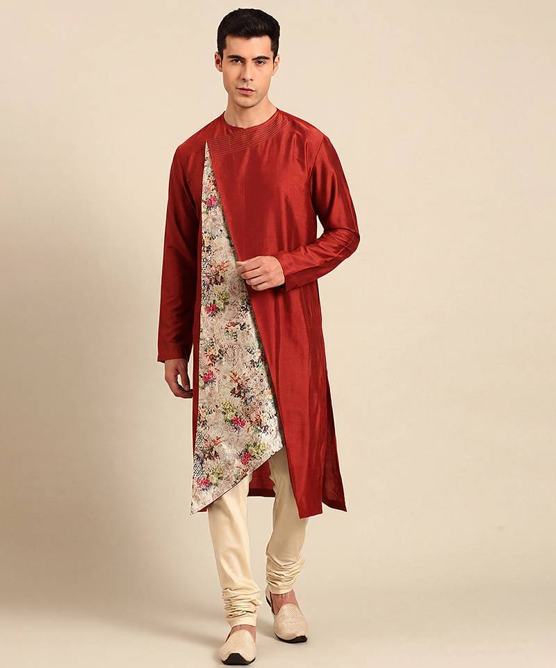 Crimson red printed chanderi silk kurta set