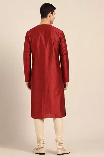Crimson red printed chanderi silk kurta set