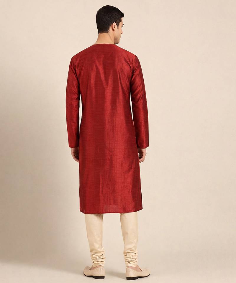 Crimson red printed chanderi silk kurta set