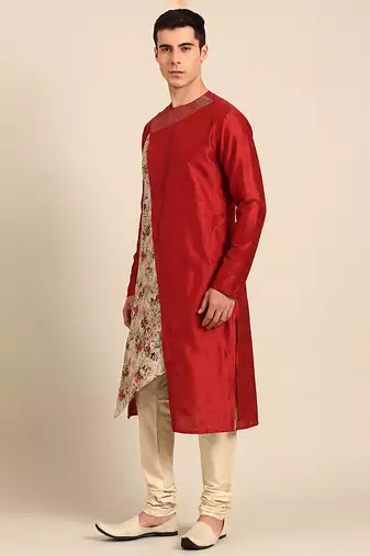 Crimson red printed chanderi silk kurta set