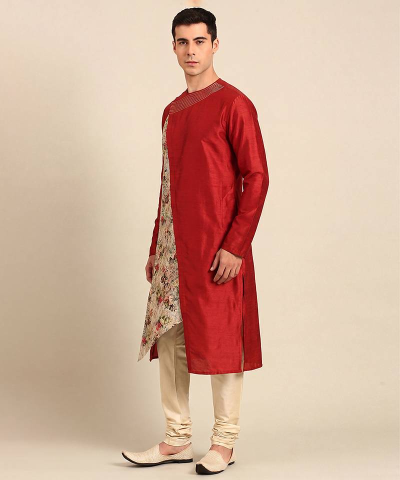 Crimson red printed chanderi silk kurta set