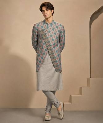 Blue grey printed muslin kurta set 1