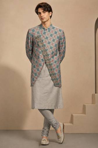 Blue grey printed muslin kurta set