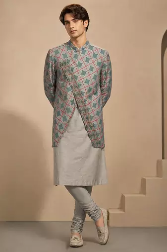Blue grey printed muslin kurta set