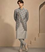 Blue grey printed muslin kurta set