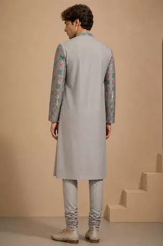 Blue grey printed muslin kurta set