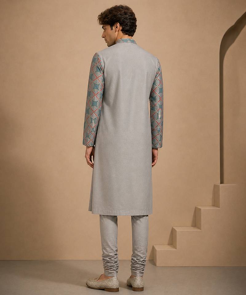 Blue grey printed muslin kurta set