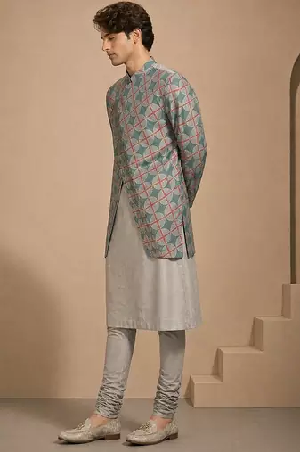 Blue grey printed muslin kurta set
