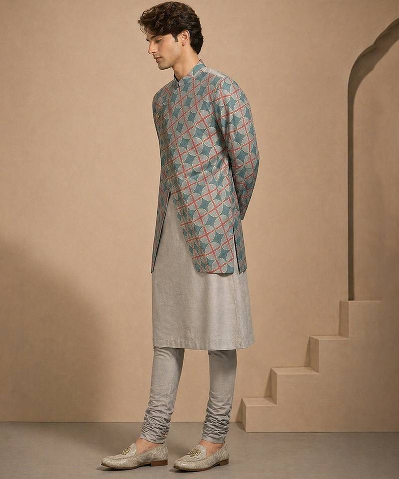 Blue grey printed muslin kurta set