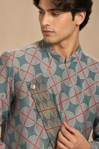 Blue grey printed muslin kurta set