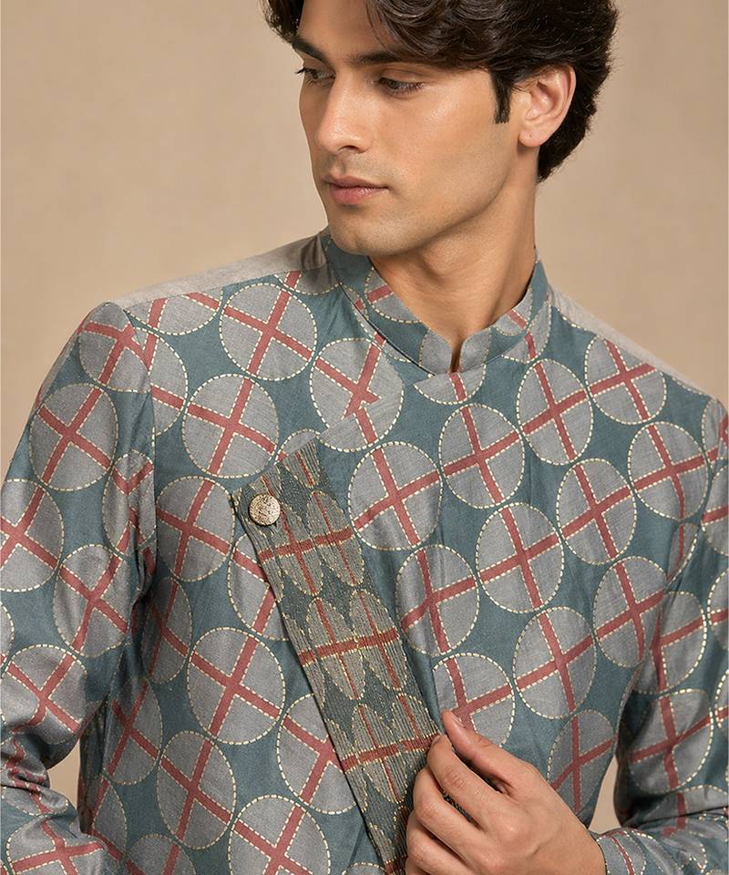 Blue grey printed muslin kurta set