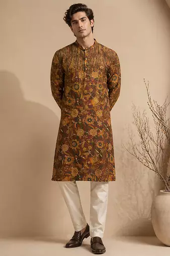 Brown printed chanderi kurta set