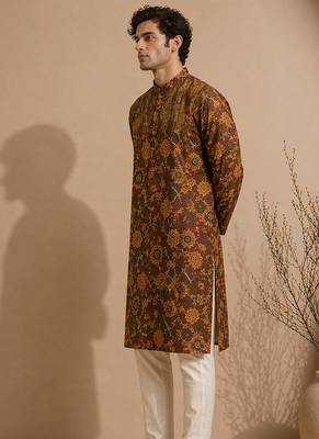 Brown printed chanderi kurta set 2