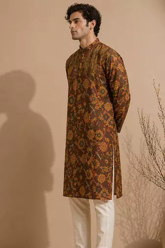Brown printed chanderi kurta set