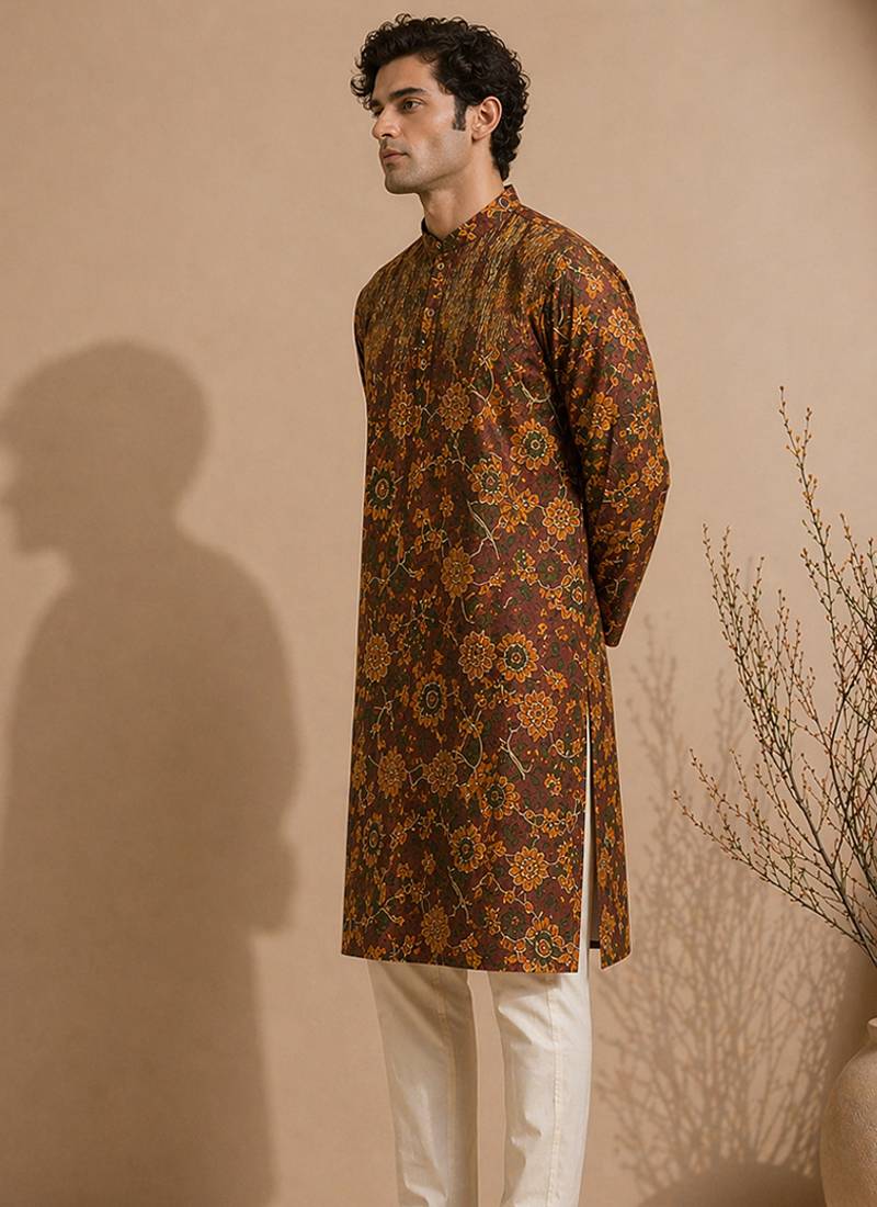 Brown printed chanderi kurta set