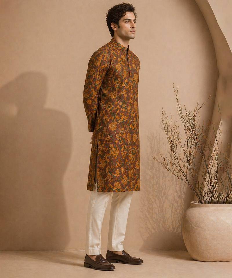 Brown printed chanderi kurta set