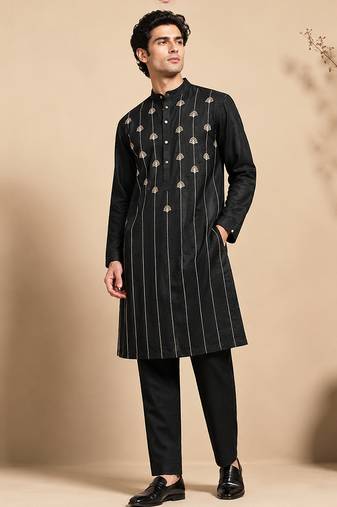 Black embroidered bemberg silk kurta set