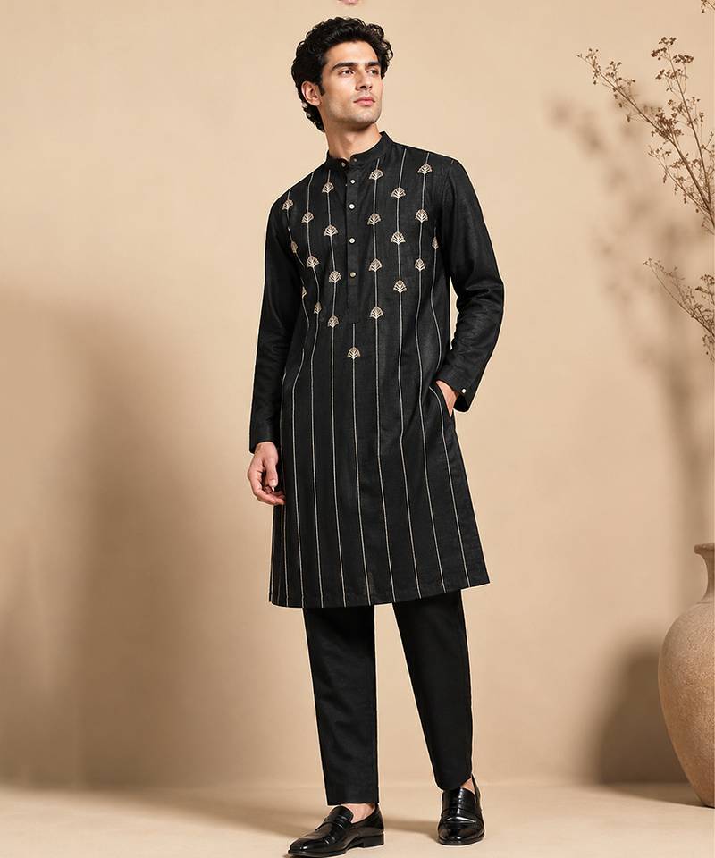 Black embroidered bemberg silk kurta set