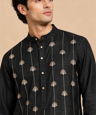 Black embroidered bemberg silk kurta set 2