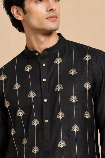 Black embroidered bemberg silk kurta set