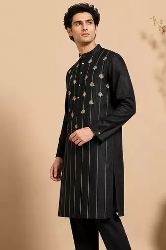 Black embroidered bemberg silk kurta set
