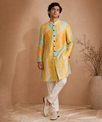 Yellow blue embroidered muslin sherwani 1