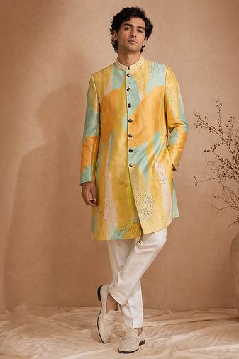 Yellow blue embroidered muslin sherwani