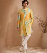 Yellow blue embroidered muslin sherwani
