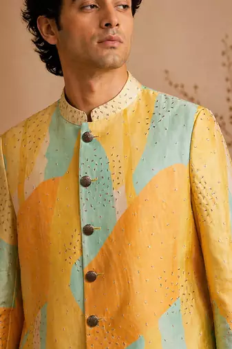 Yellow blue embroidered muslin sherwani