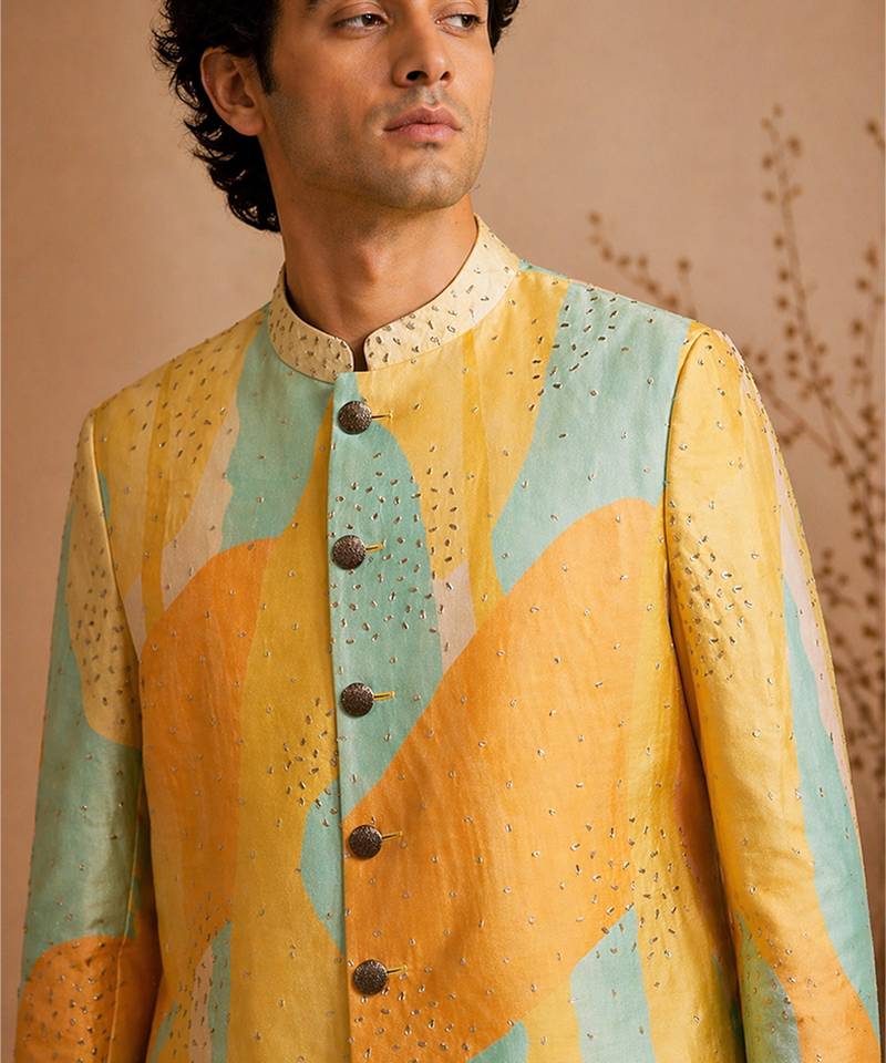 Yellow blue embroidered muslin sherwani