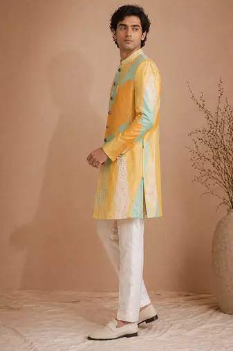Yellow blue embroidered muslin sherwani