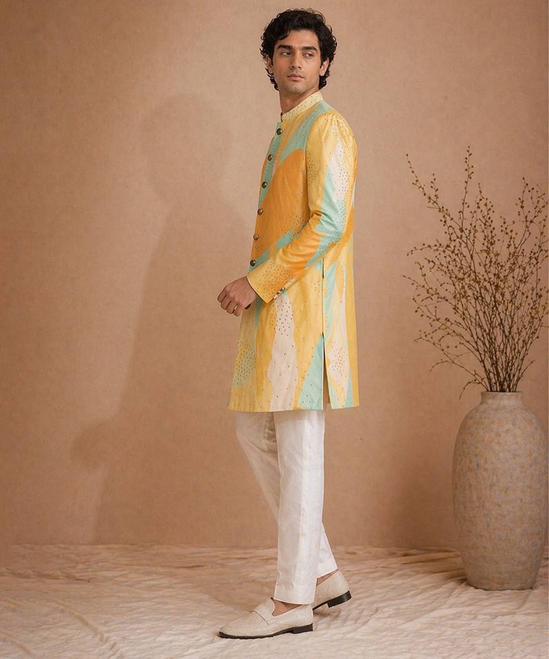 Yellow blue embroidered muslin sherwani