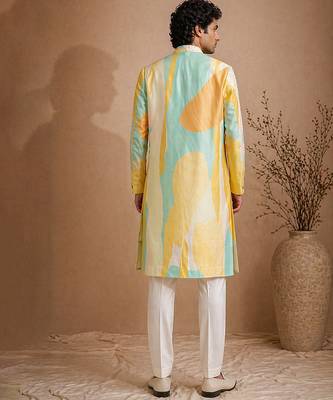 Yellow blue embroidered muslin sherwani 4
