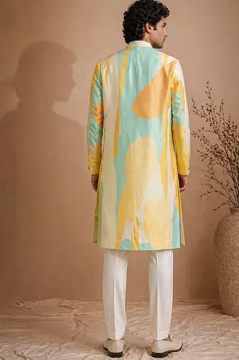 Yellow blue embroidered muslin sherwani