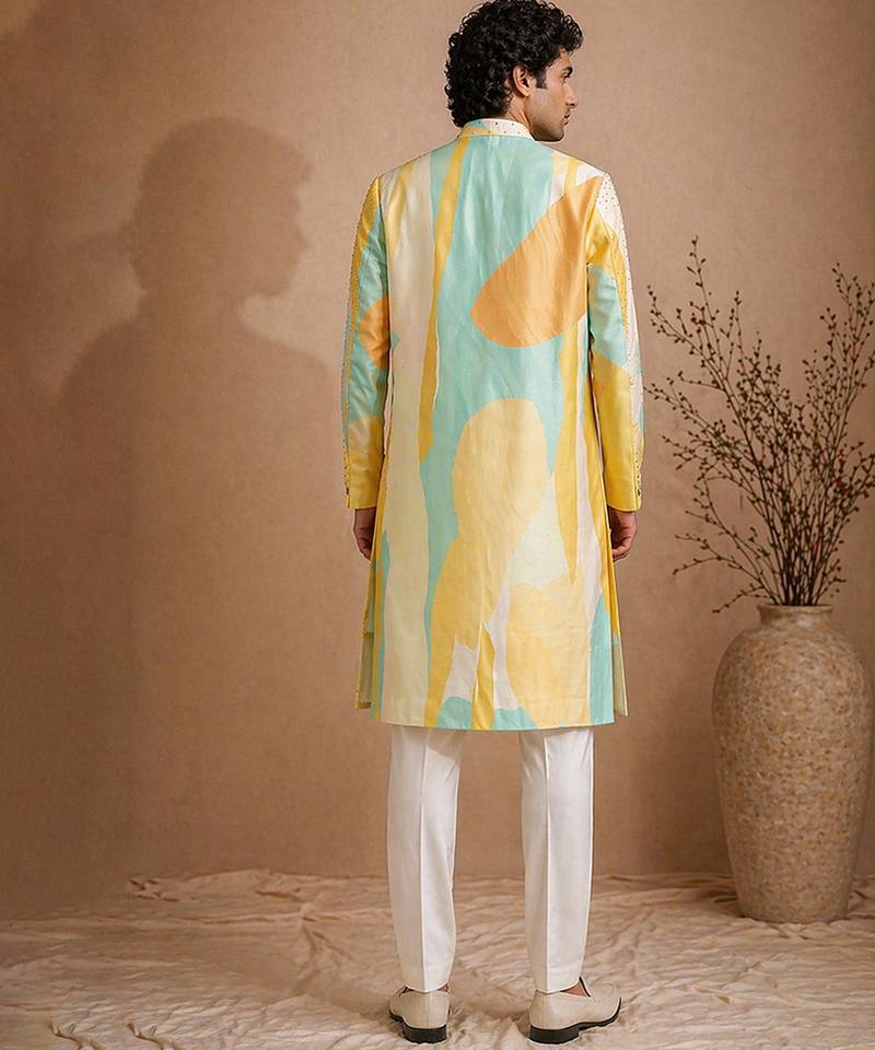 Yellow blue embroidered muslin sherwani